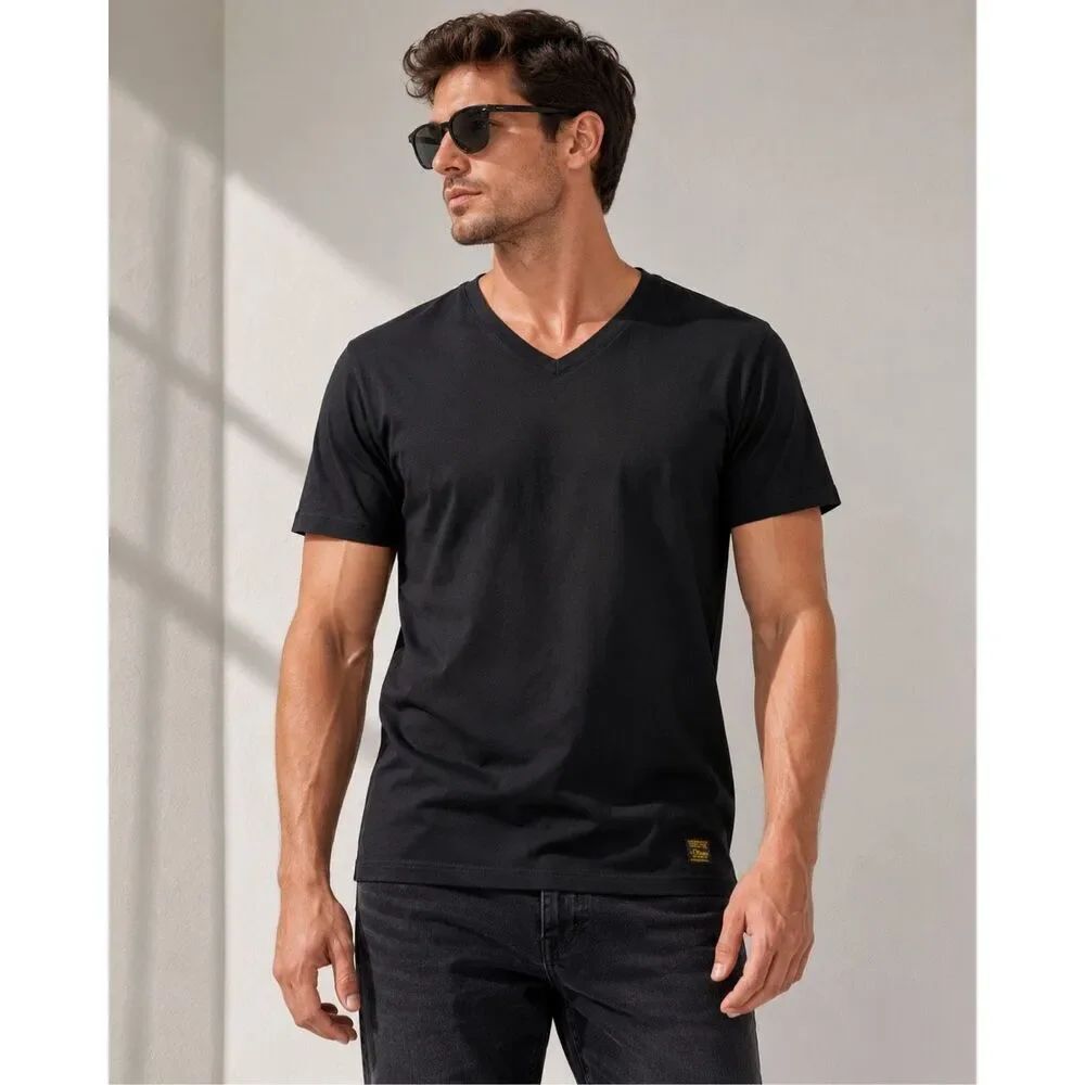s.Oliver Black V Neck Cotton T Shirt Short Sleeve Casual Men XL